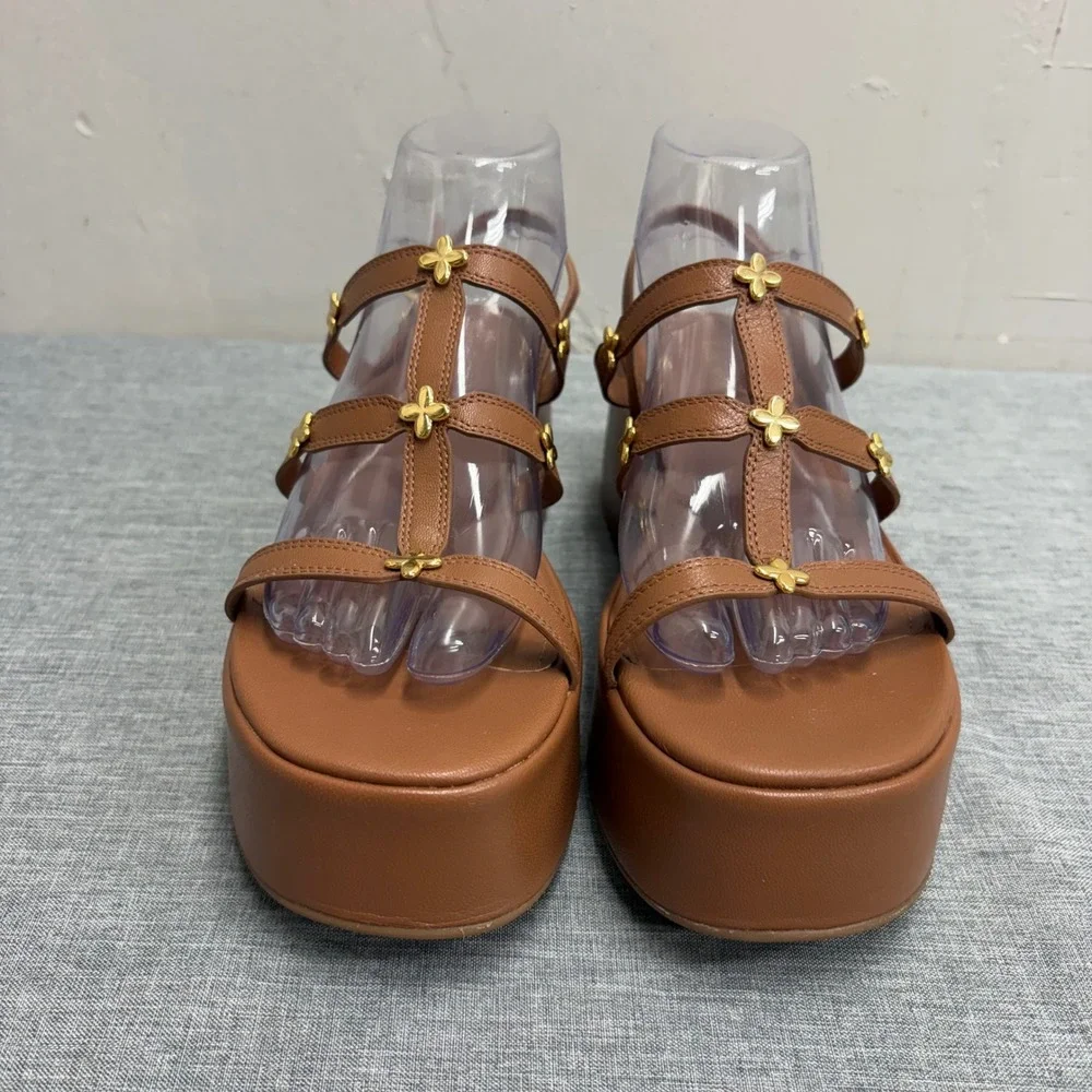Larroude Platform Sandals Womens 9 Tan Leather Gold Floral Strappy Gladiator V58